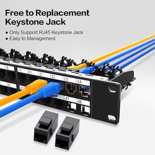 Image of Patch Panel 48 Port with Cat6A Keystone Jack【EC Listed】 UTP with Cable Management and Support Bar for 10 Gigabit Ethernet 110 or Krone Impact Tools Compatible(CAT6A,48Port