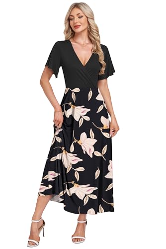 AUSELILY Boho Kleid Damen Lang Bodenlang Hohe Taille Lässiges Lockeres Sommerkleid mit Taschen Schwarz Prunkwinde S 4