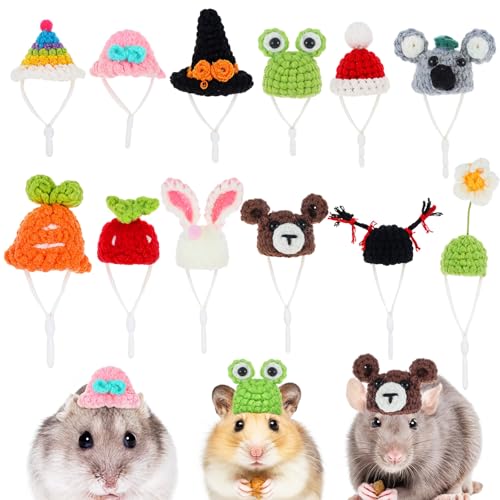 12Pcs Hamster Hats Animals Tiny Hats Guinea Pig Snake Hat with Adjustable Strap Small Cute Hand Knitted Mini Party Hats for Stuffed Animals Christmas Holiday Party