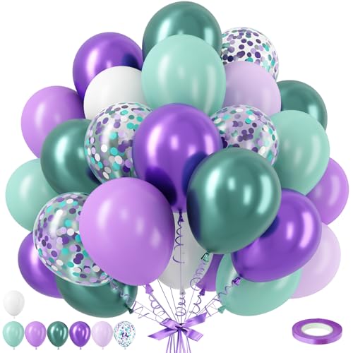 Image of Mermaid Balloon, 12 Inch Mermaid Theme Balloon, Metallic Purple Green Party Balloons, Teal Green Purple and White Balloons with Confetti for Mermaid Party Girls Birthday baby shower Decoration