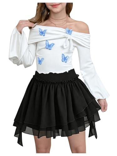 Floerns Girl's Summer Butterfly T Shirts Off Shoulder Flare Sleeve Cute Tee Tops