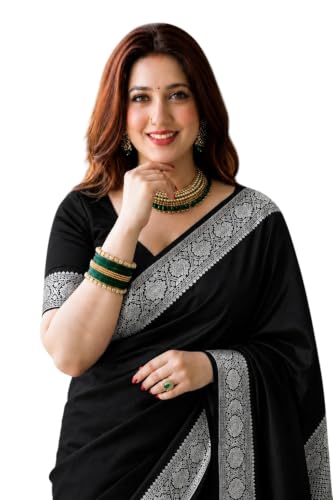 Image of Women's Glory Banarasi Satin Kanjivaram Saree Silver Zari Border Pure Soft Blend Silk Sari Kanchipuram Paithani Silk Party Wedding Festive New Ladies Sadi with Unstiched Blouse Piece. (Pink)