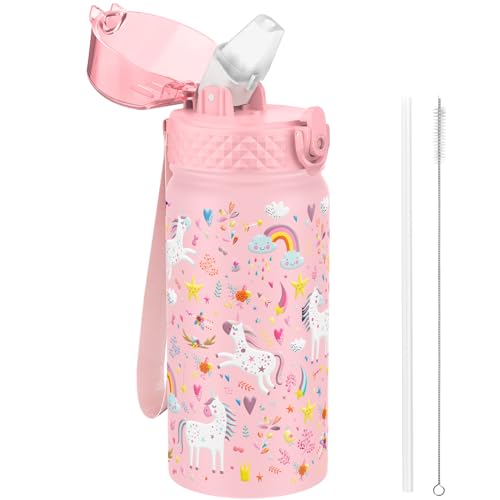 GOPPUS 420ml/14oz Kids Insulated Water Bottle with Straw Cute Double Wall Stainless Steel Child's Small Flask Vacuum Insulated Steel Metal Leak Proof Drink Flask Boys Toddler Girls Bottles BPA-Free