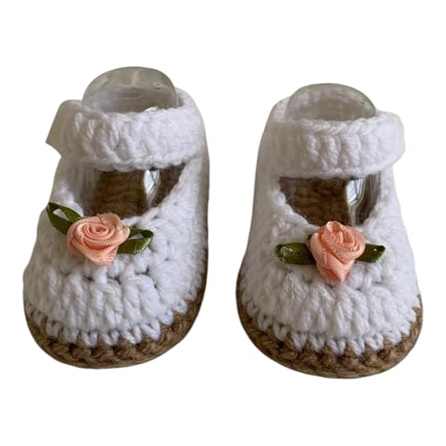 Handmade Crochet Baby Girl Mary Jane Shoes, White with Pink Rose, Soft Cotton Booties for Newborn2