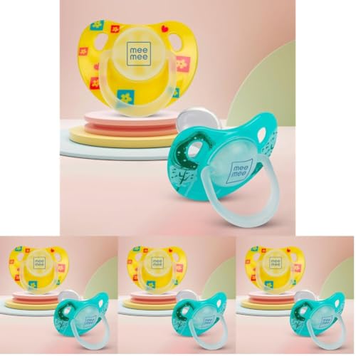 Image of Mee Mee Baby Silicone Pacifier | Orthodontic Nipple for Oral Stimulation | Unique Shape to Support Psychological Breathing | Soother for Babies | Easy to Clean | 0-18 Months (Yellow /Green) Pack of 4