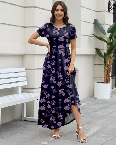 Image of COSSEN Women's Crew Neck Short Sleeve Maxi Dress with Pockets Casual Loose Swing for Wedding Guest Beach Vacation