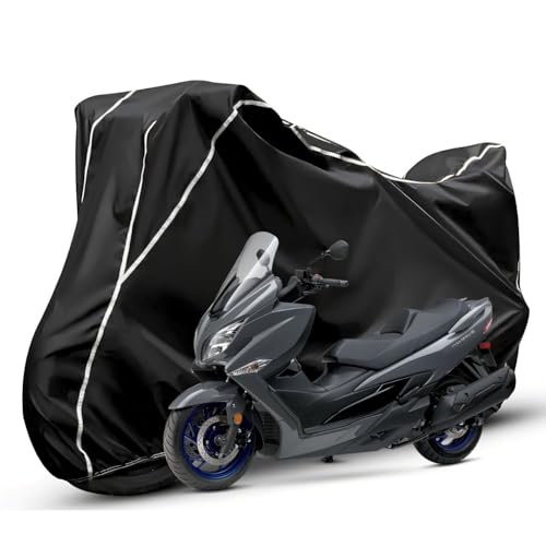 Image of Waterproof Bike Body Cover Compatible with Suzuki Burgman Dustproof Scratchproof - Motorcycle Cover for Two Wheeler, Outdoor Full Cover with UV, Duty, Rain Protection (Black & White)