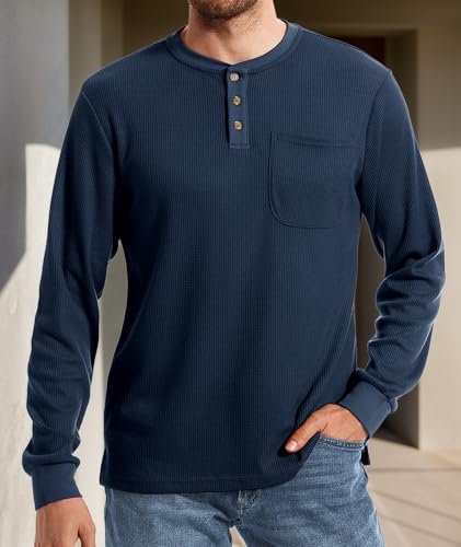 Men's Henley Shirts Short Sleeve Button Waffle Shirts with Pocket