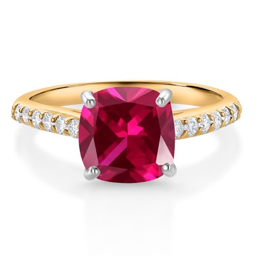 Gem Stone King 10K Yellow Gold 8MM Cushion Cut Red Created Ruby and White Lab Grown Diamond Engagement Ring For Women (2.68 Cttw, Available In Size 5, 6, 7, 8, 9) - Main Image
