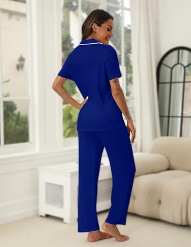 Image of HNG Women Pajamas Set 2 Piece Button Up Pajamas Pant and Short Sleeve Shirt for Woman Pj Sets with Pocket