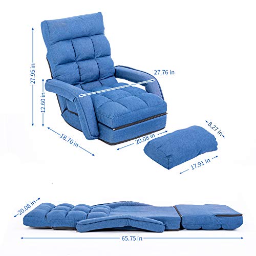 WAYTRIM Indoor Chaise Lounge Sofa, Folding Lazy Sofa Floor Chair 6-Position Folding Padded, Lounger Bed with Armrests and a Pillow Chaise Couch - Blue - Thumbnail 5