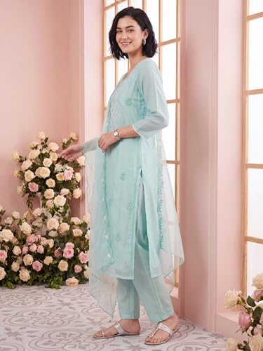 Image of INDO ERA Women's Silk Blend Embroidered Thread Work Kurta & Pant with Dupatta Set | Suit Set For Women
