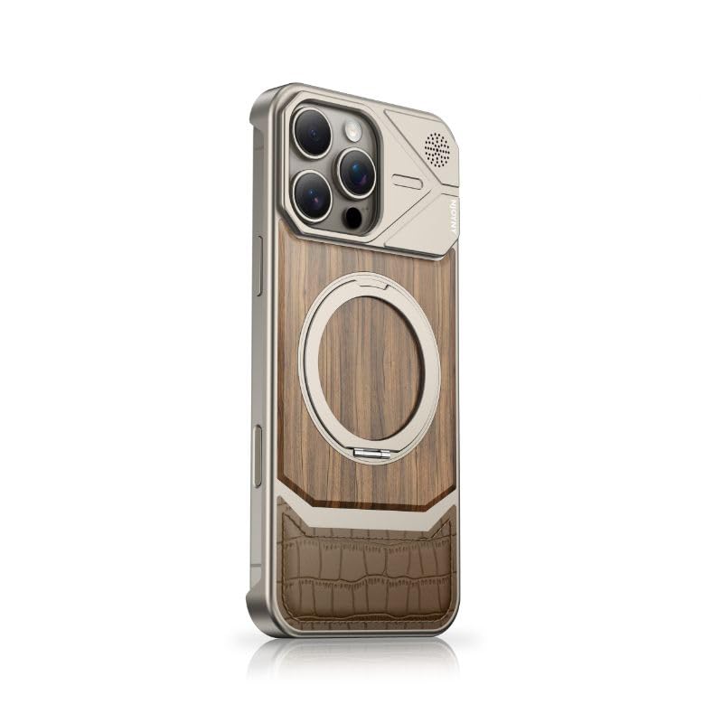 Image of Bezel-Less Slim Natural Wood & Aluminum Case Compatible with iPhone 16 Pro with Magnetic Ring |Heavy Duty Shockproof Phone Wooden Case - Silver