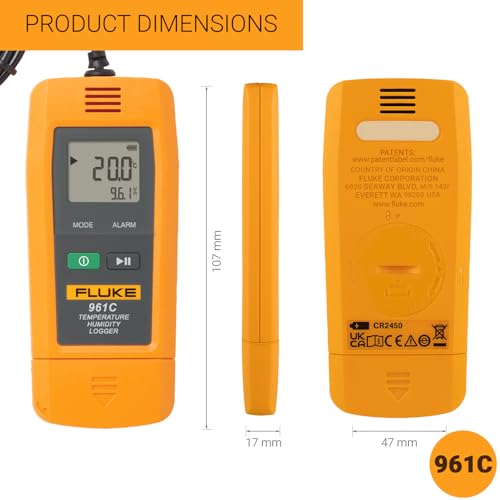 Image of Fluke 961C Temperature Humidity Logger with external sensor USB Connection 32000 Points Record Capacity -40.0Cto85.0C IP54 Refrigerator Thermometer Vaccine RH Monitor for Freezer Cold Storage (1Pcs)