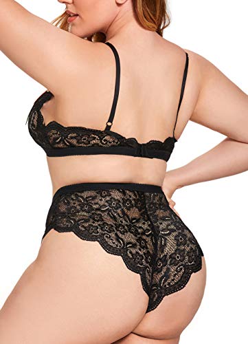 JuicyRose Plus Size 2 Piece Lingerie for Women Sexy Rose Applique Lace Bra and High Waist Panty(T004,Black,XL)