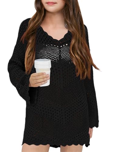 Girl Cover Up Crochet Swimwear V Neck Knit Long Sleeves Summer Beachwear Cover Tops
