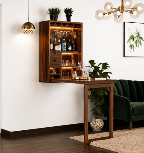 Image of WELL KNOWN Furniture Solid Wood Bar Cabinet for Home | Wall Hanging Design Mini Bar & for Living Room (Natural) (Nature) bar Cabinet for Home