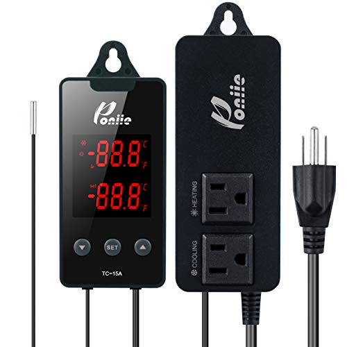 Poniie TC-15A Digital Temperature Controller 2-Stage Outlet Thermostat Heating & Cooling Mode for Greenhouse, Terrarium, Brewing and Fermentation (110V 15A)