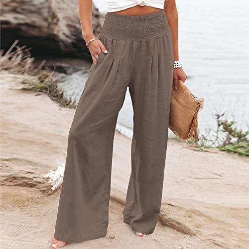 JiXiang Palazzo Pants for Women Plus Size Summer High Waisted Cotton Linen Pants Wide Leg Long Lounge Trousers with Pockets2
