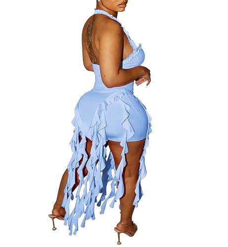 Image of Aro Lora Womens Sexy Halter Neck Sleeveless Ruffle Tassel Party Club Bodycon Mini Dress