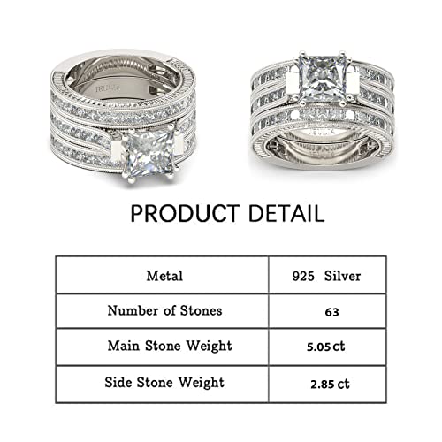 Jeulia 3Pc Princess Cut Ring Set: Sterling Silver Halo Diamond Bridal Set Engagement Wedding Band Best Anniversary Promise Valentines Jewelry Gift With Box (White Diamond, 6.5) #TOP1