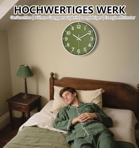 Image of Wall Clocks Battery Operated, 12 Inch Non Ticking Wall Clock, Silent Analog Clock for Bedroom Living Room Kitchen Office Gym Classroom Decor, Large Number Clocks for Seniors, Olive Green