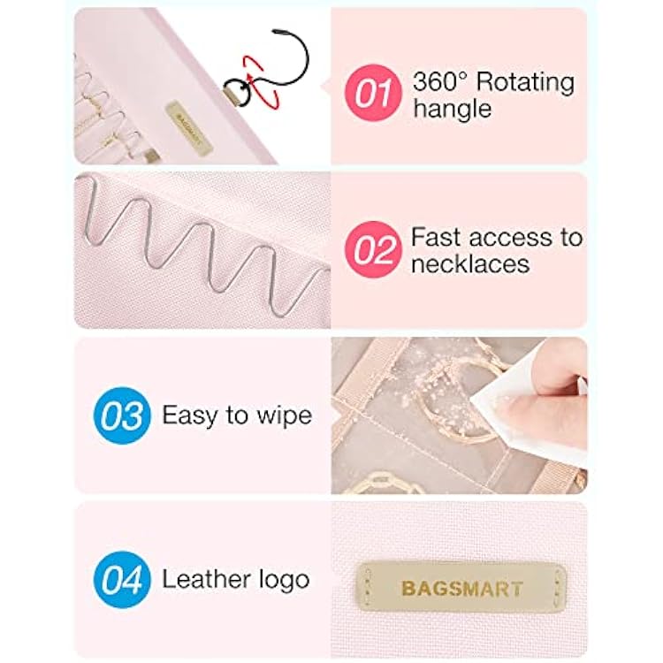 BAGSMART Hanging Jewelry Organizer Storage Roll with Hanger Metal Hooks Double-Sided Jewelry Holder for Earrings, Necklaces, Rings on Closet, Wall, Door, 1 piece, Extra Large, Pink