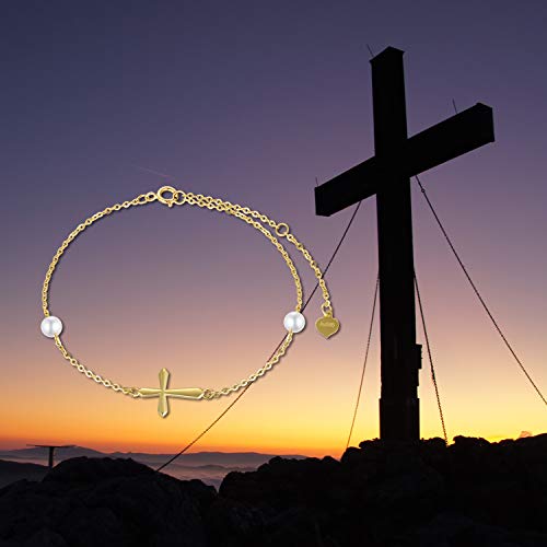 14K Gold Cross Anklets For Women, Real Pearl Religious Ankle Bracelet Gifts For Her, 9.4"+0.8"+0.8" #TOP5
