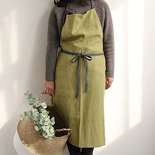 Hanee Kitchen Apron For Women And Men (Green) Linen Cooking Aprons With Pocket #TOP4