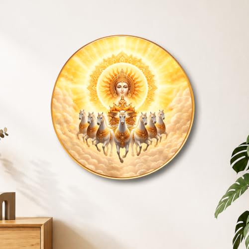 Image of PAINTINGMANTRA 7 Running Horse Wall Art Painting With Frame For Living Room| Seven Horses Surya Dev Vastu Decor Framed Painting | Sun God Spiritual Round Wall Hanging for Home, Office & Gifting, 23 Inch