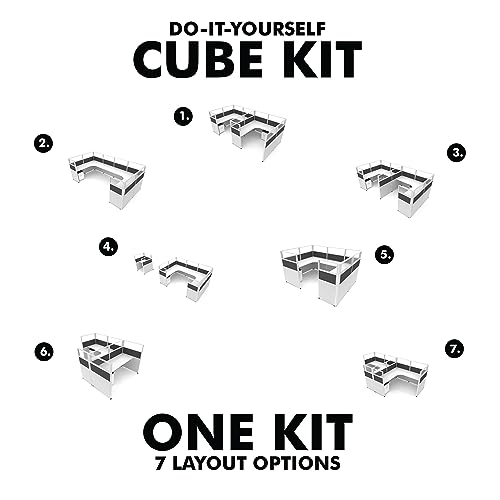 SUNLINE Supply - DIY Cube Kit - Complete Office Workstation With 7 Versatile Layouts For Cubicles - Easy To Build Office Furniture - Includes Wall Partitions, Work Surface Panels, and Mobile Box Files