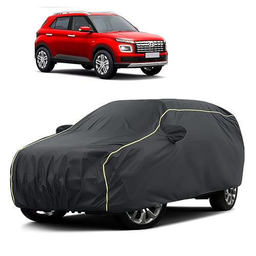 Image of Sulfar 100% Water Resistant Car Body Cover Compatible with Mirror for Hyundai Venue (Triple Stitched, Full Bottom Elastic, Dark Grey Taffeta with Yellow Piping)