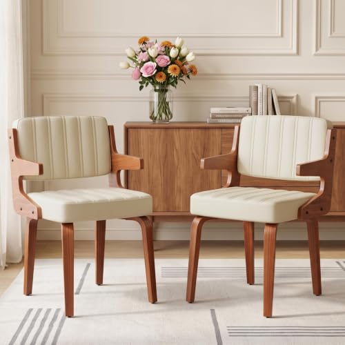 Image of Dining Chairs Set of 2,Mid Century Modern Walnut Kitchen Chairs,Beige