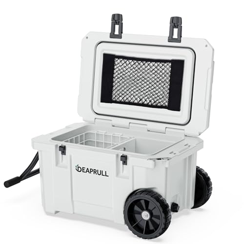 Image of 55 Quart Cooler with Wheels, Ice Chests Portable Camping Cooler Holds Ice up to 6 Days, Leak-Proof Outdoor Insulated Cooler with Handle, Cup Holders, Hard Cooler for Camping, Beach, Boat, White