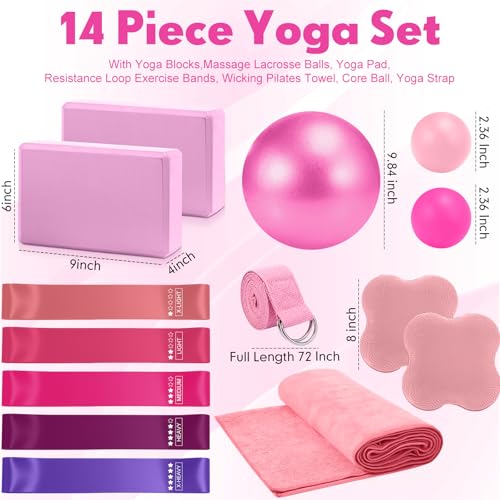 Simgoing 14 Pcs Yoga Kits for Home Workouts Pilates Equipment Set for Women Beginners, Hot Yoga Towel Blocks Strap, Knee Pad, Resistance Loop Exercise Band, Massage Lacrosse Ball, Pilates Ball (Pink)