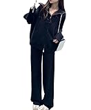 Conjunto de 2 piezas de suéter con cuello de solapa para mujer, pantalones deportivos sueltos de cintura alta, Negro, M