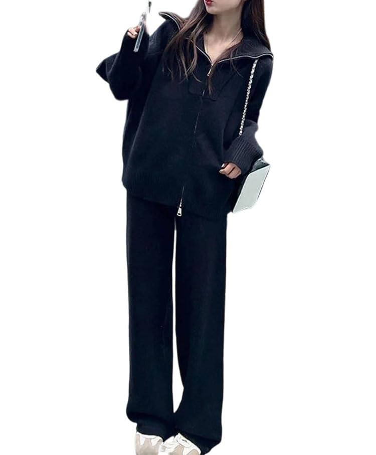 Conjunto de 2 piezas de suéter con cuello de solapa para mujer, pantalones deportivos sueltos de cintura alta, Negro, M