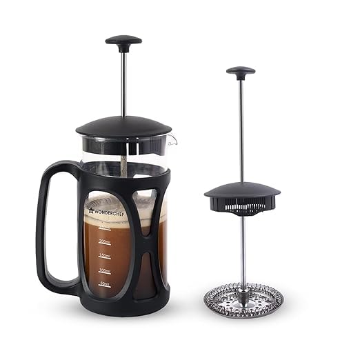Image of French Press Coffee & Tea Maker Borosilicate Glass Carafe 4 Level Filtration System Stainless Steel Plunger with Mesh 1-2 Cups of Coffee Brews in Just 3 Minutes BPA Free Lid Strainer Black 300 ML