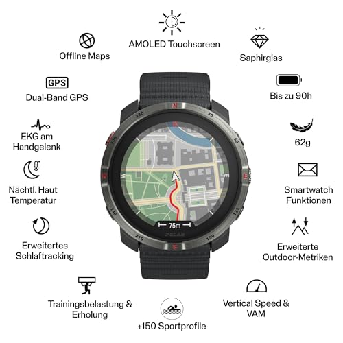 Polar Grit X2 Multisport-GPS-Outdoor-Uhr - AMOLED-Display, Offline-Karten, Dual-Frequenz-GPS, EKG am Handgelenk, Elixir-Biosensorik, TrainingPeaks, SpO2, bis zu 7 Tage Akkulaufzeit