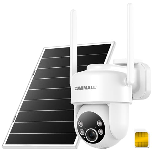 ZUMIMALL 2K Solar Security Camera Outdoor 24/7 Recording 4G LTE Cellular Solar Powered Camera with Built-in SIM Card 2K Color Night Vision AI Tracking 360 View No WiFi Needed