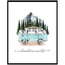 ZEARPT Adventure Awaits Art Print Travel Poster Mountain Wall Decor Blue Tour Bus Painting Wanderlust Gift for Traveler 8x10 inch No Frame
