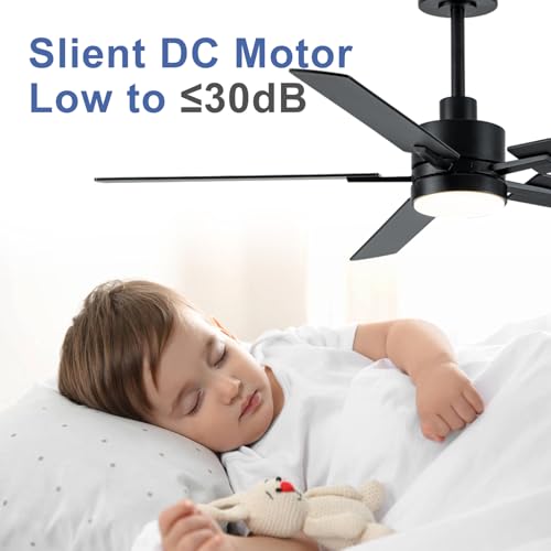 Image of LANMEL 52'' Black Ceiling Fans with Lights and Remote, 6 Speed Low Profile Modern Ceiling Fan with Quiet DC Motor for Indoor Outdoor Bedroom Living Room