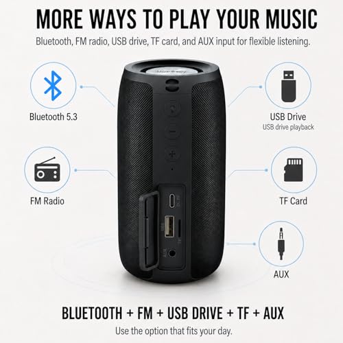 Musibaby M68 Portable Bluetooth Speaker, 12W, IPX5, FM, USB/AUX, Black — view 4