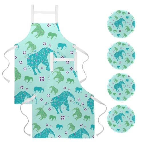 Tabliers de cuisine lot de 2 imperméables avec motif éléphant floral bleu et vert