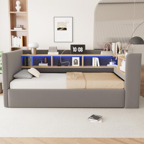 Sofá cama tapizado 90x190 gris oscuro con almacenaje hidráulico y luces LED 5
