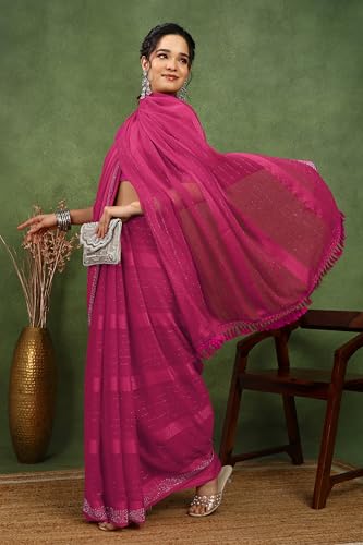 Image of MIRCHI FASHION Saree for Woman Georgette Solid with Satin Stripes | Stone Border Farewell and Ceremonial Sari with Blouse Piece