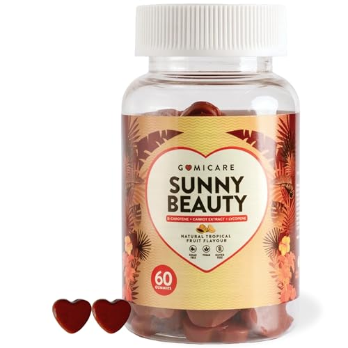 GOMICARE - Gominolas bronceadores - Betacaroteno + Astaxantina + Luteina + Licopeno + Cobre - Protege la Piel y Acelera el Bronceado - 60 gominolas - Sin Azúcar - Sin Gluten