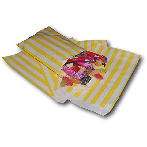 EPOSGEAR® 100 Coloured Candy Stripe Sweet Paper Party Bags - Ideal for Gift Shops, Wedding Favours, Candy Carts, Buffets etc (Yellow, 5" x 7") Cover