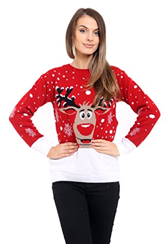 Generation Fashion New Unisex Ladies Women Knitted Crew Neck Long Sleeve Reindeer Rudolf Xmas Christmas Jumper Sweater Size 8-30[Red,M]