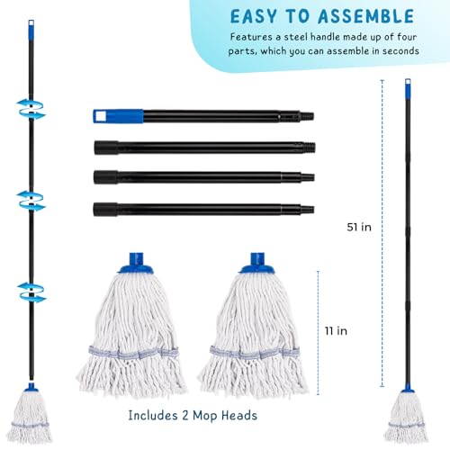 Image of Mops for Indoor Floor Cleaning, Small Cotton String Mop for House, Kitchen, Bathroom, Deck, Rag Mop with 51'' Handle (2 Mop Heads)